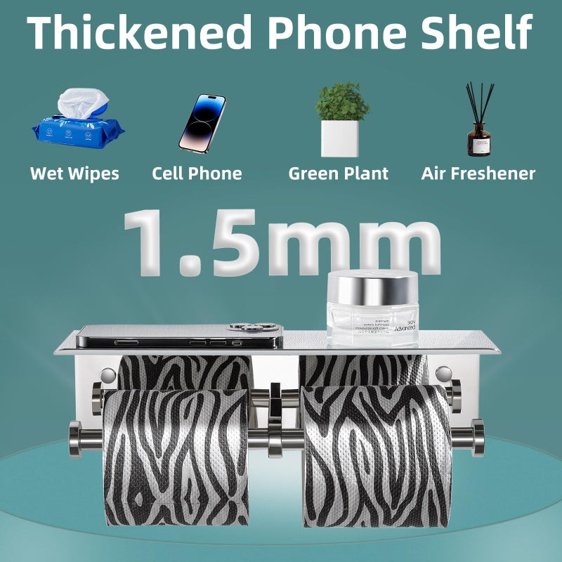 APLusee Double Toilet Paper Holder with Shelf Polished Chrome, APLusee SUS304 Stainless Steel Contemporary Bathroom Tissue Roll Holder Cell Phone Storage Rack - Image 3